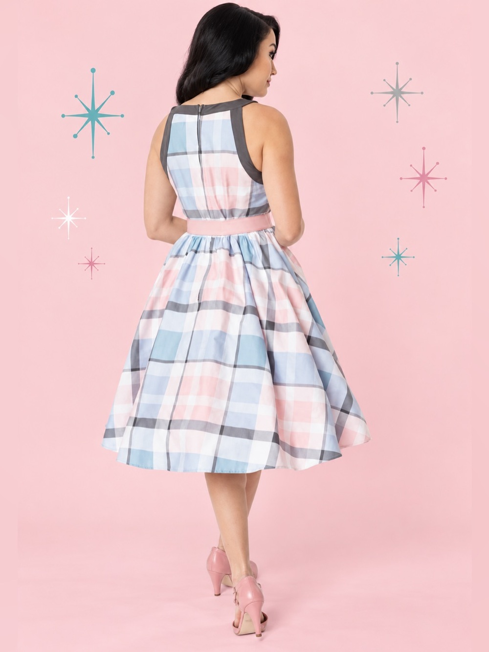 Unique Vintage 50s Pastel Blue & Pink Plaid Maxine Swing Dress, Large, NWT!